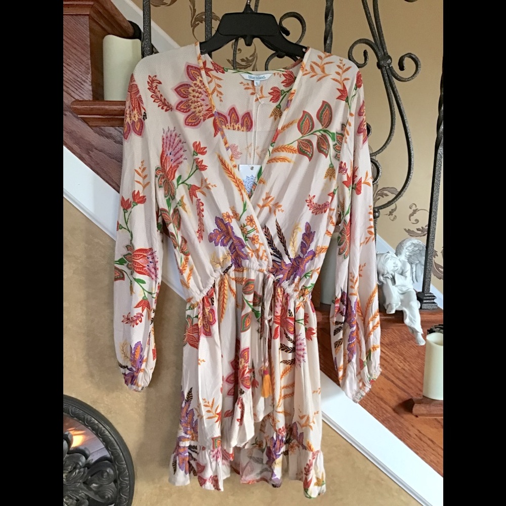Blue Island Floral Long Sleeve Dress/Cover-Up with Drawstring Waist Size…